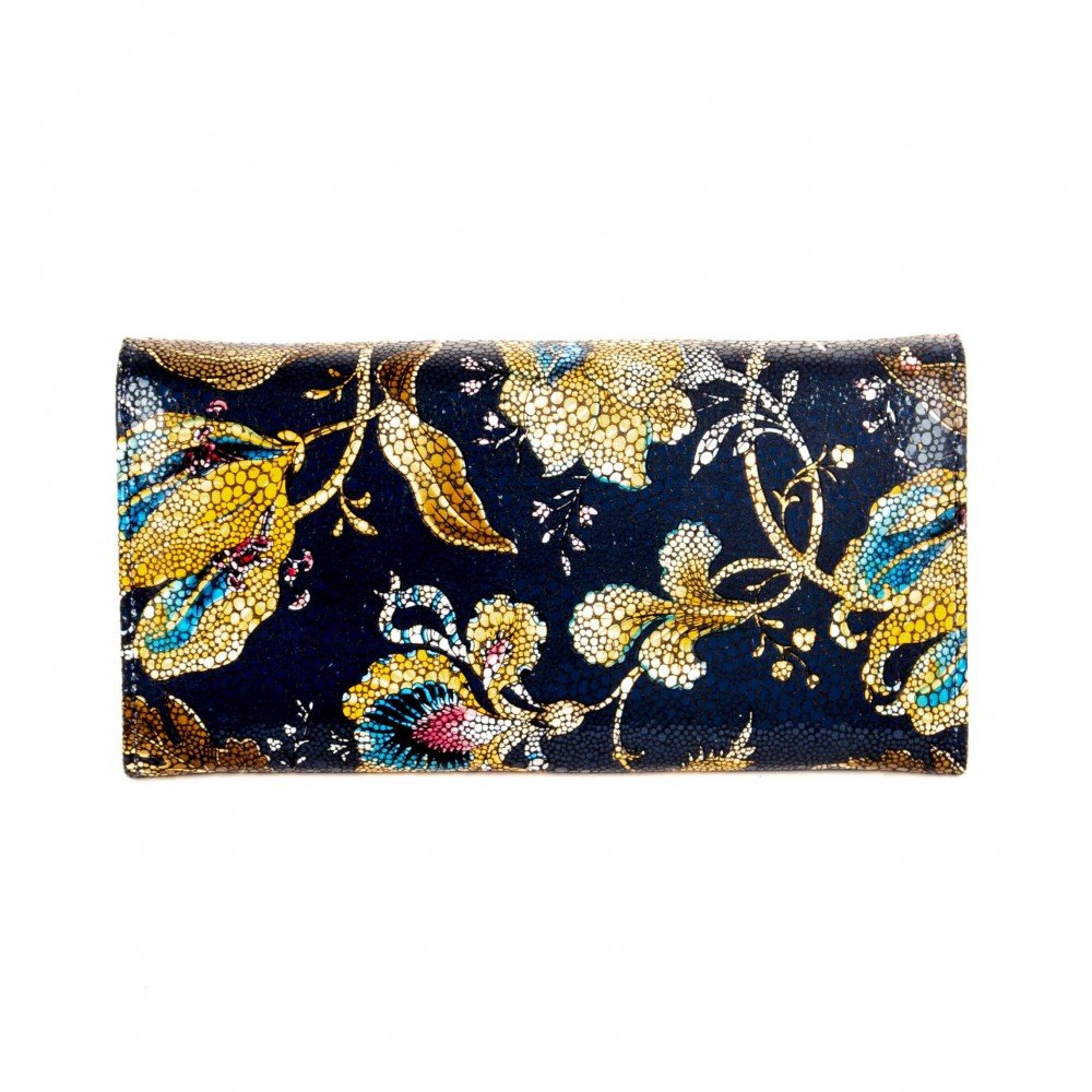 Дамско портмоне ENZO NORI модел CLASSIQUE естествена кожа син с цветя